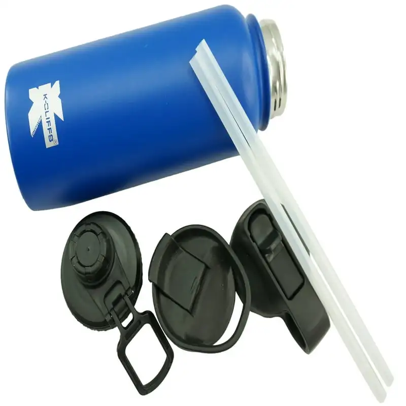 

Wall Sports Water Bottle Vacuum Insulated Flask Stainless Steel BPA Free 3 Lids Included Straw / Coffee / Sport Cap Blue 32oz