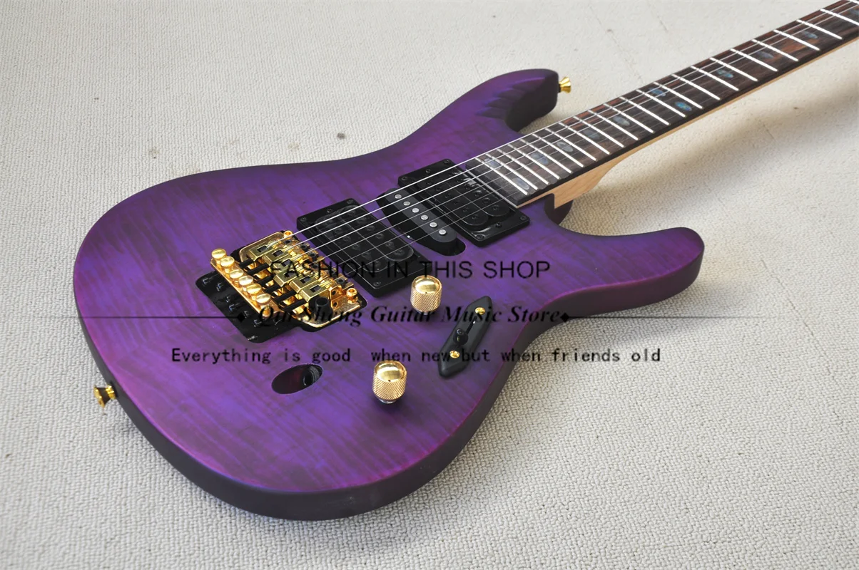 6-струнная электрическая гитара, Ультратонкий корпус, шпон фиолетового тигра, мост Золотой тремоло, фестонная подставка