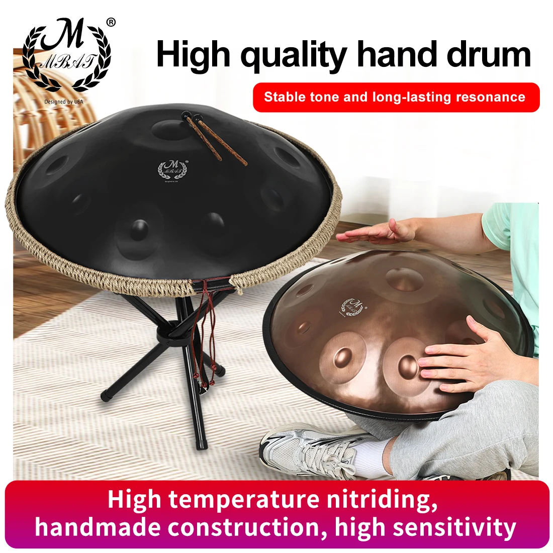 Медитационный барабан M MBAT 22 D Minor Handpan Drum 432Hz, стальной язычковый инструмент для йоги, профессиональный, для выступлений, в подарок, с рюкзаком и подставкой (art.: 3920d97dee50d) - 3920d97dee50d