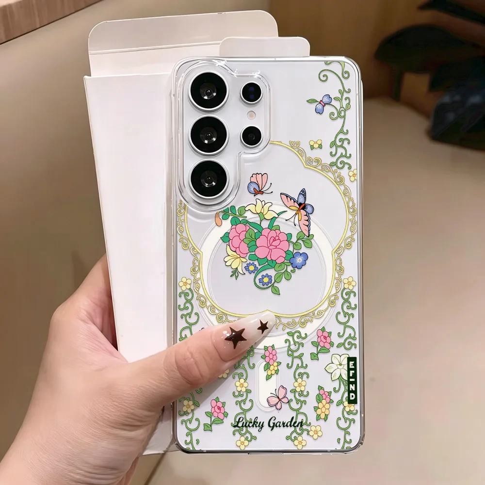 Фото Магнитный чехол для телефона с синим цветком для Samsung A57 A37 S26 Ultra S25 S24 FE S23 A56 A55 A36, прозрачный силиконовый мягкий бампер №3