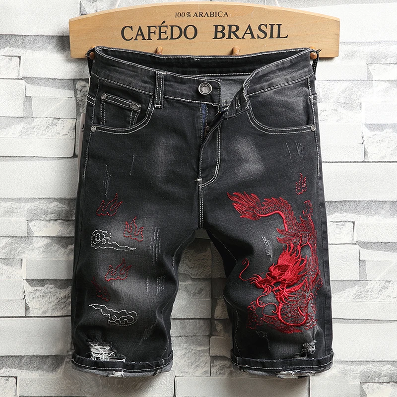 New Men's Denim Shorts Chinese Style Auspicious Yunlong Embroidery Men's Cotton Casual Slim Fit Straight Tube Jeans Shorts