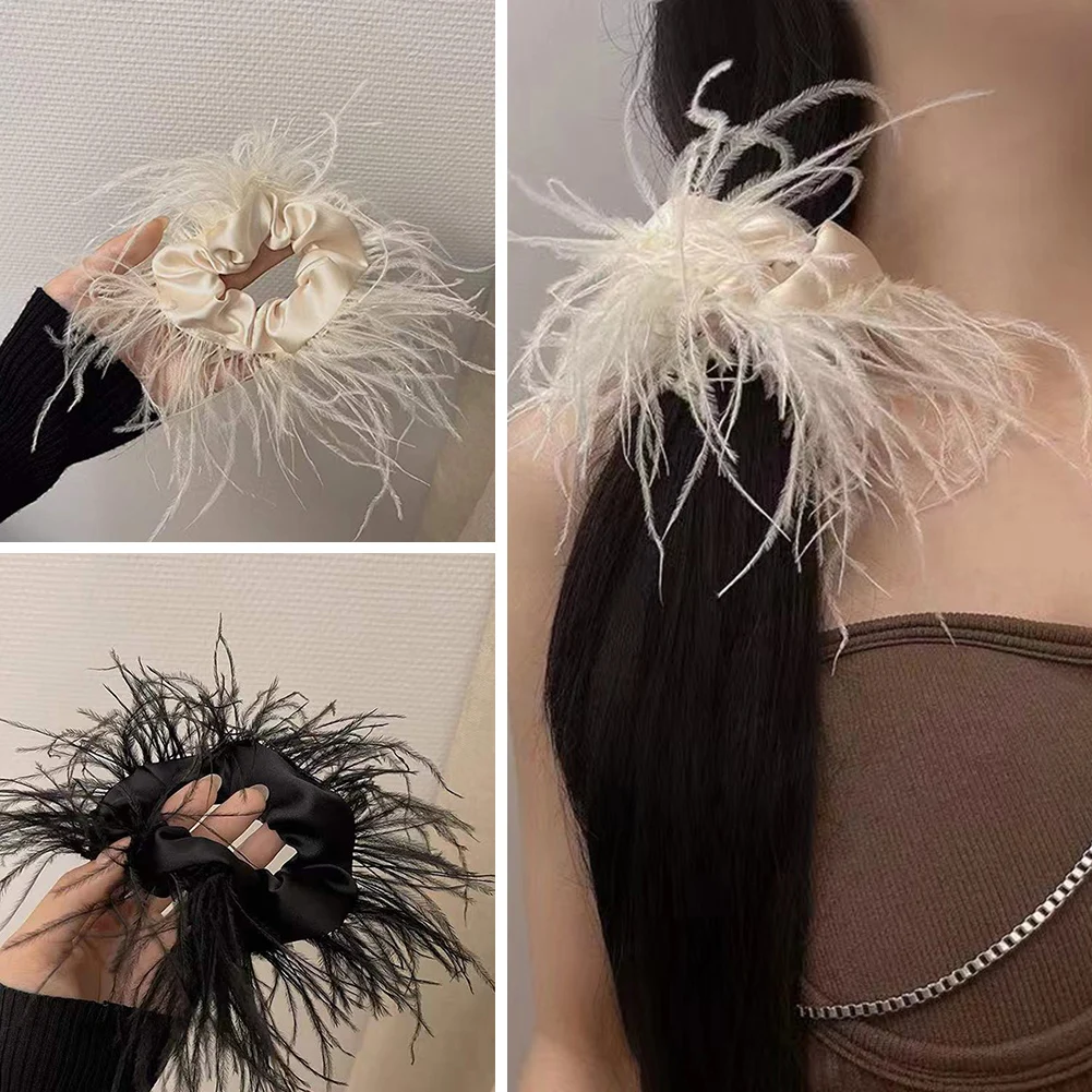 

Elegant Feather Elastic Hair Band Solid Scrunchies for Women Girl Ponytail Holder Hair Rope Korean Hairband Hair Accessoires