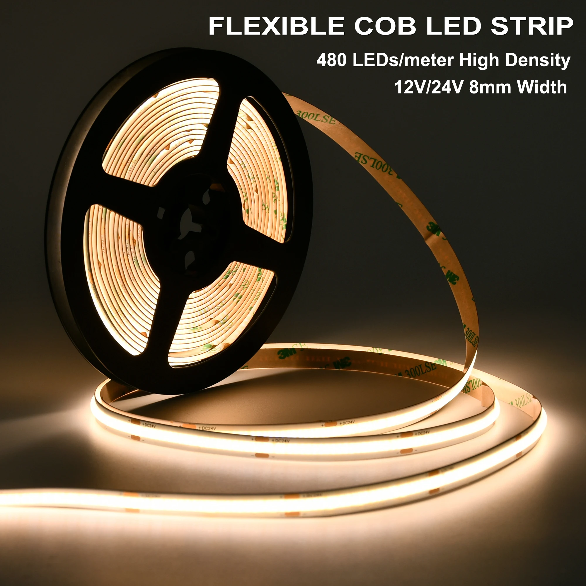 FCOB LED Strip Lighting 8mm 12V/24V Night Light 480LEDs/M Uniform Glow Bendable Tape Flexible Counter Light for Bedroom Cabinet