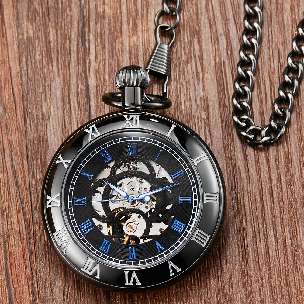 Antique Mechanical Pocket Watch for Men Roman Dial Round Tonneau Clock Skeleton Steampunk FOB Chain Women Pendant reloj hombre