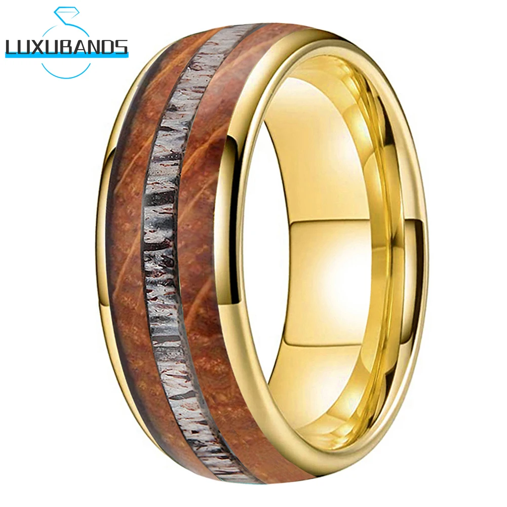 

Tungsten Wedding Couple Gold Ring 8mm Whiskey Barrel Wood Deer Antler Inlay Pipe Cut Brushed Finish For Men Wemen Comfort Fit