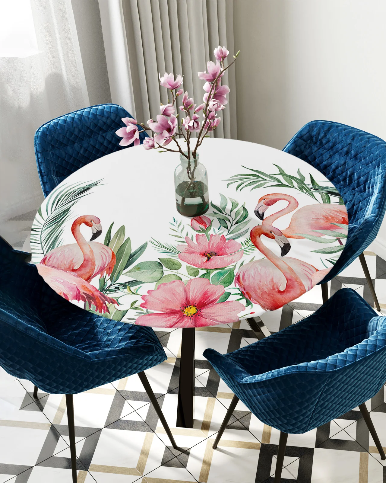 

Ins Style Tropical Plants Flamingos Round Table Cover Holiday Party Dinner Table Elastic Tablecloth Kitchen Waterproof Tableclot