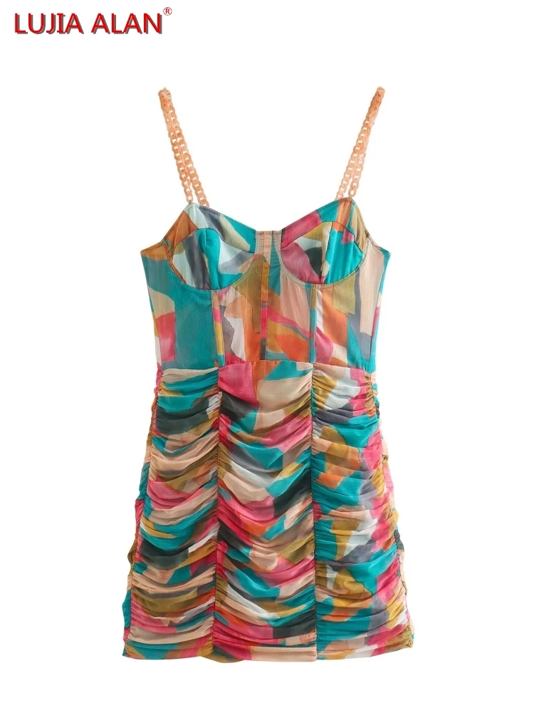 

Women Patchwork Printing Chain Sling Dress Female Sleeveless Pleated Slim Mini Vestidos LUJIA ALAN WD120