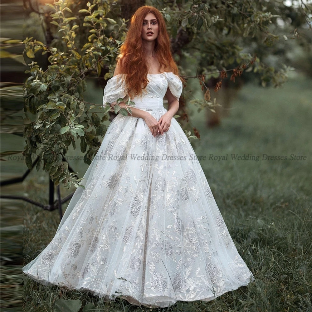A Line Wedding Dresses Puff Sleeve Print Handmade Off-the-shoulder Flower Open Back 2022 Summer Floor Length Gowns Robe De Ma