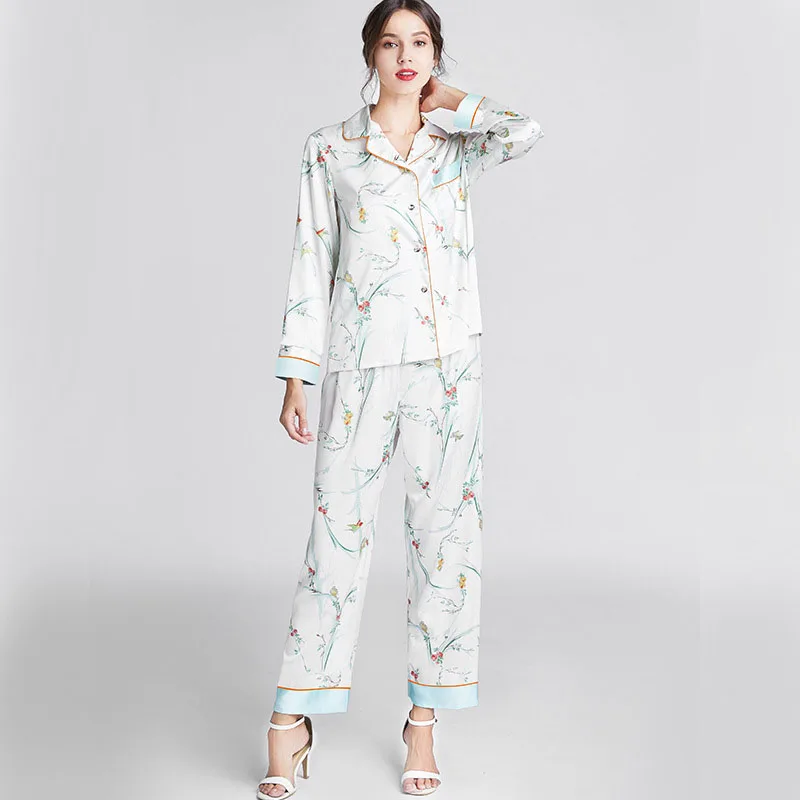 Women 2 Pieces Satin Silk Sleepwear Long Sleeve Button Shirt and Pants Floral Printed Pajamas Set