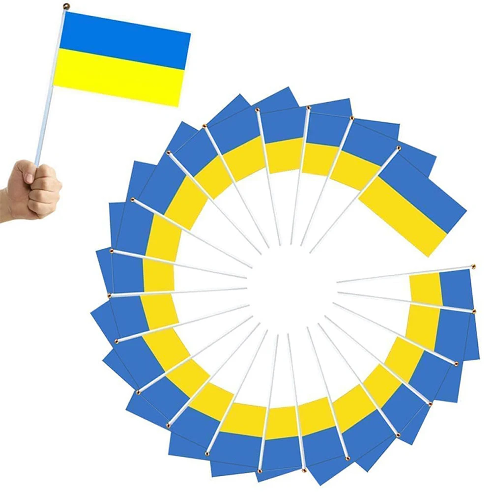 

10pcs Ukraine Flag 5.5 Inch*8.27 Inch HandHeld Mini Flag Small Mini Stick Flags With White Pole - Vivid Color And Fade Resistant
