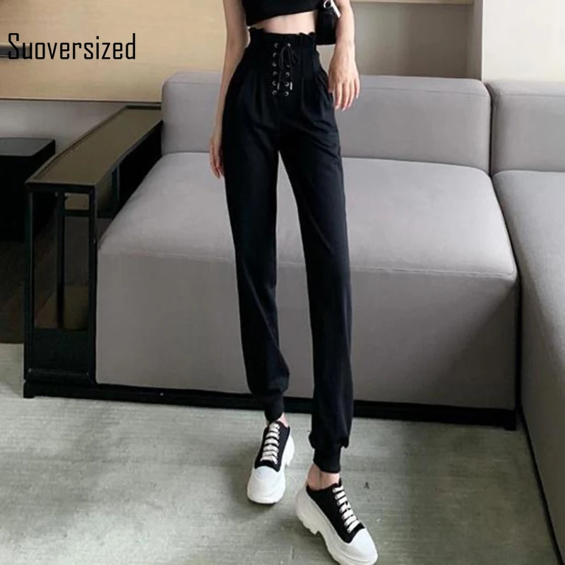 

Suoversized Super Bud High Waist Jogging Pants Spring Autumn Big Size Streetwear Lace Up Korean Whiter Ankle-Length Trousers