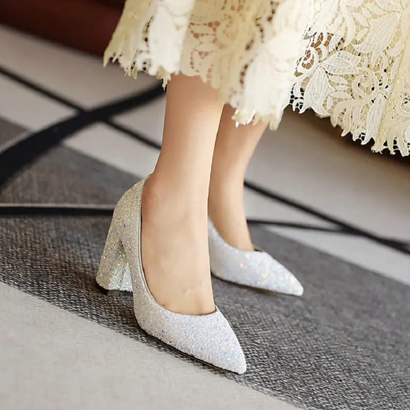 QPLYXCO блестящие женские туфли с острым носком для свадебной вечеринки на блочном