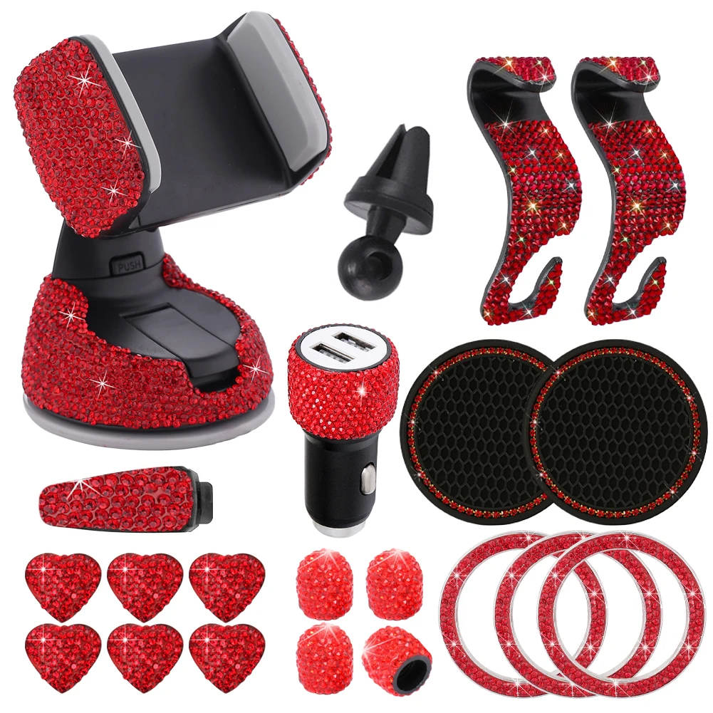 

20PCS Bling Car Accessories for Women Rhinestone Kit Dual USB Car Charger Phone Mount Tire Valve Cap Glass Cup Pad Backseat Hook
