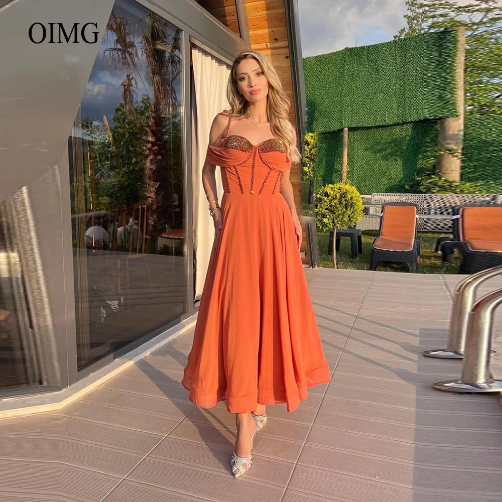 

OIMG A Line Chiffon Prom Dresse Spaghetti Straps Beads Sweetheart Midi Length Party Gowns For Teens Lace Up Back Robe de soiree