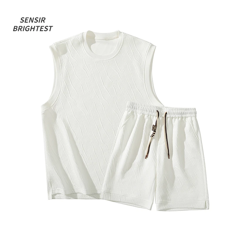 

Вязаная летняя жаккардовая футболка без рукавов, спортивный костюм, жилет, брюки средней длины, костюм из двух предметов большого размера