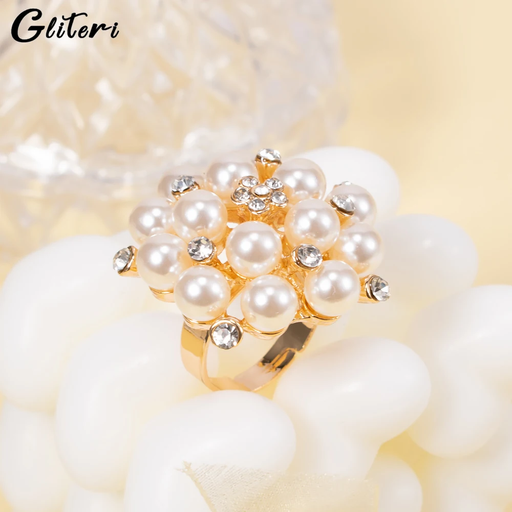 

GEITERI Vintage Flower Pearl Rings For Women Girls Gold Color Geometric Crystal Imitation Pearl Adjustable Finger Ring Jewelry