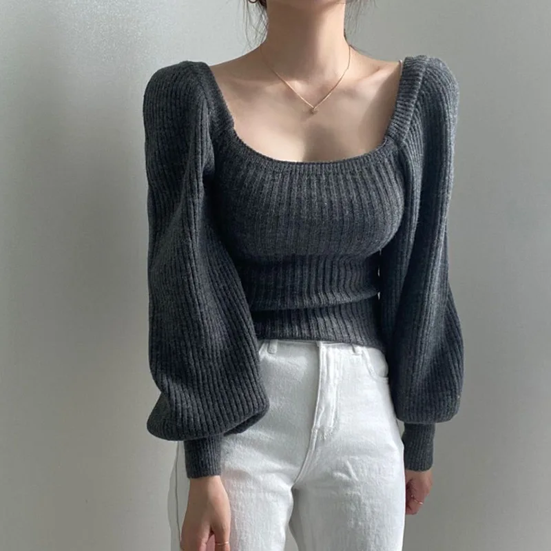 

2021 Women Lantern Sleeve Solid Knitted Tops Sweater Fall Elegant Square Collar Knitwear Pullovers Fashion Female Jumper Tops
