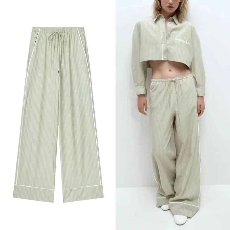 

TRAF 2023 For Women Striped Lace Up Pants Female Casual Loose Waist Wide Leg Long Pants 2023 Spring Summer Full Length Trouse