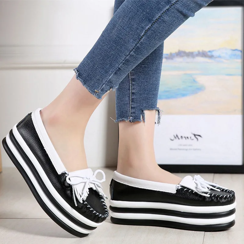 Tassels High Platform Shoe Loafers Women White Genuine Leather Casual Shoes Woman Flats Slip on Black Shoes Plataformas Lolita