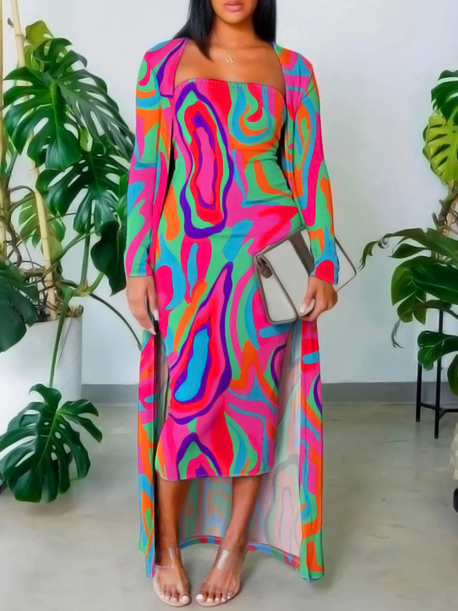

LW Abstract Ripple Print Two-piece Set Open Front Long Length Cardigan & Off Shoulder Tube Dress 2pcs Outfits