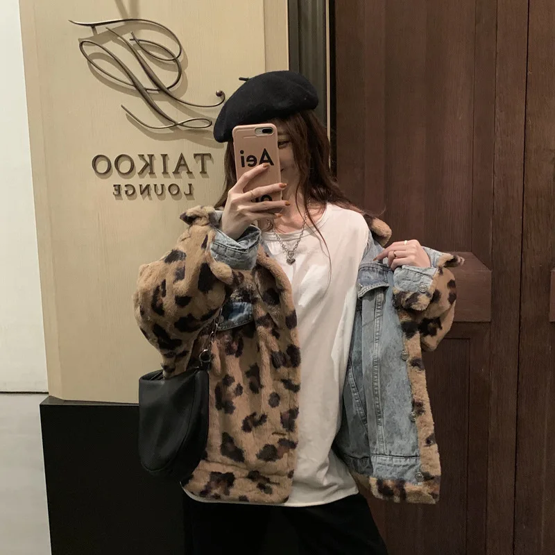 denim Both Sides Wear Denim Jacket Female Korean Style Loose Leopard Print Faux Rabbit Fur Coat Winter Autumn Jacket Woman