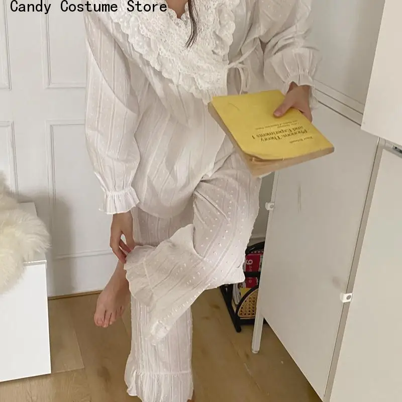 Sweet Palace White Sets Style Home Clothes Korean Autumn Lace Elegant Solid Color Pajamas Suit Women Cotton