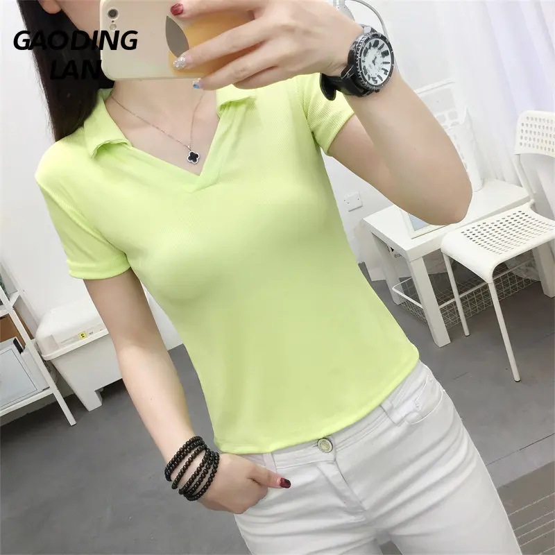 

Gaodinglan Slim Fit Short Sleevel Women Tops Korean Solid Color Polo Collar T-shirts Summer Casual V Neck Bottoming Tees Female