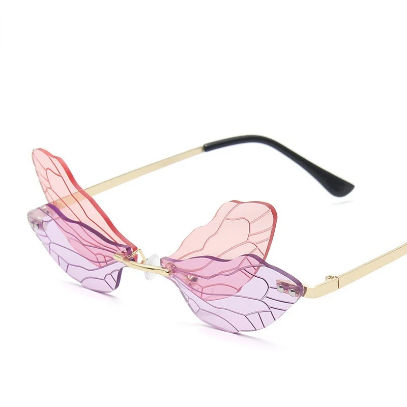 

Luxury Fashion Rimless Oversized Cat Eye Sunglasses Women 2022 Vintage Gradient Colorful Dragonfly Wing Punk Sun Glasses UV400