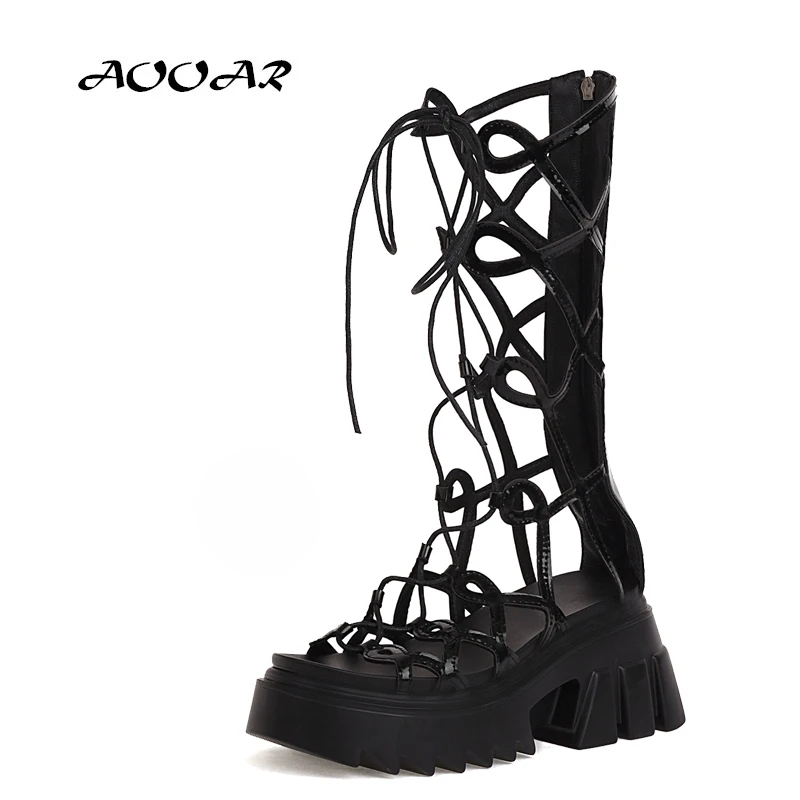 

AOOAR New Fashion Women Platform Heel Lace-up Gothic Open Toe Mid-calf Boots Summer Cool Roman Strappy Sandals Shoes Non-slip