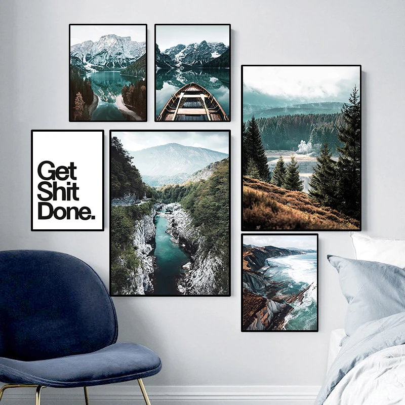 

Nature Scenery Painting Home Backdrop Decor Wall Art Canvas Painting Blue Mountain Lake Picture Landscape Print for Dormitory