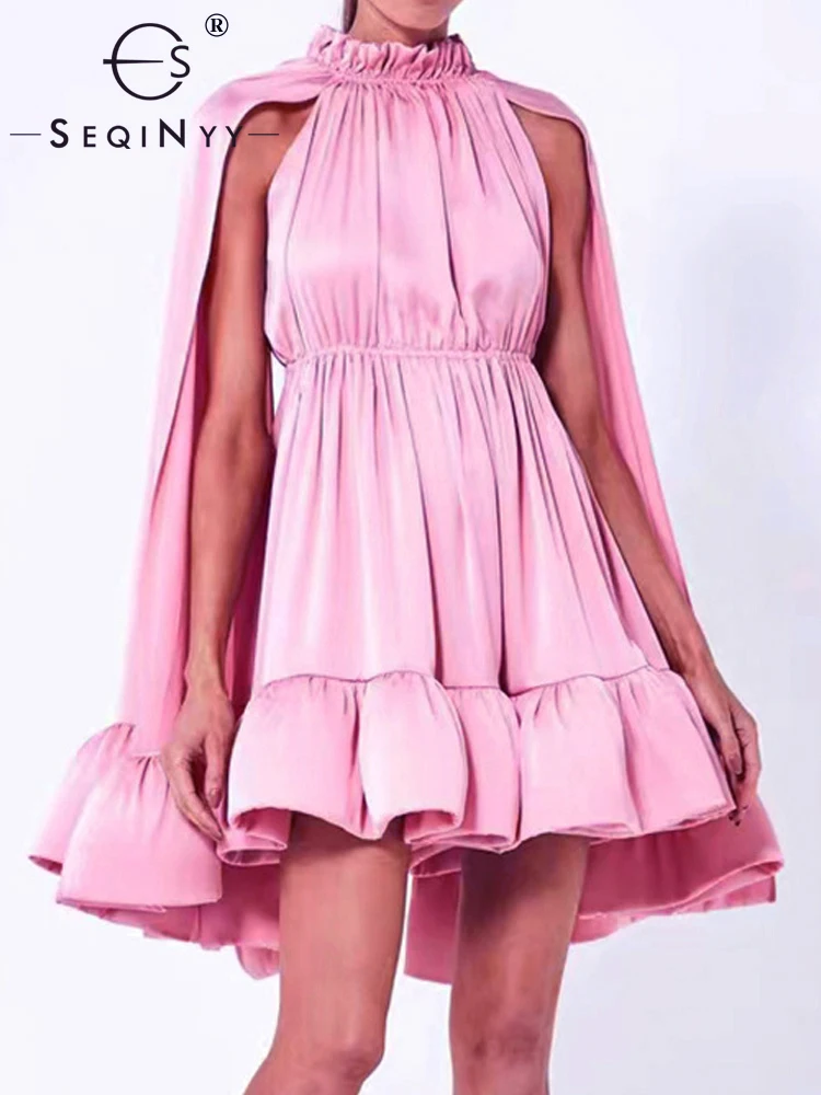SEQINYY Mini Casual Dress Summer Spring New Fashion Design Women Runway High Street Ruffles Elastic Waist Cloak Sleeve Elegant