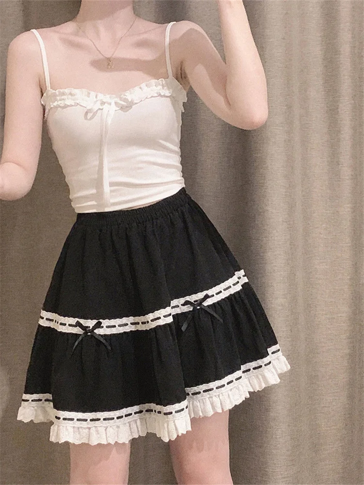 

2022 New Kawaii Mini Skirts Women Vintage Lace Patchwork Black Lolita Skirt Summer Japanese Style Soft Girl Harajuku Streetwear