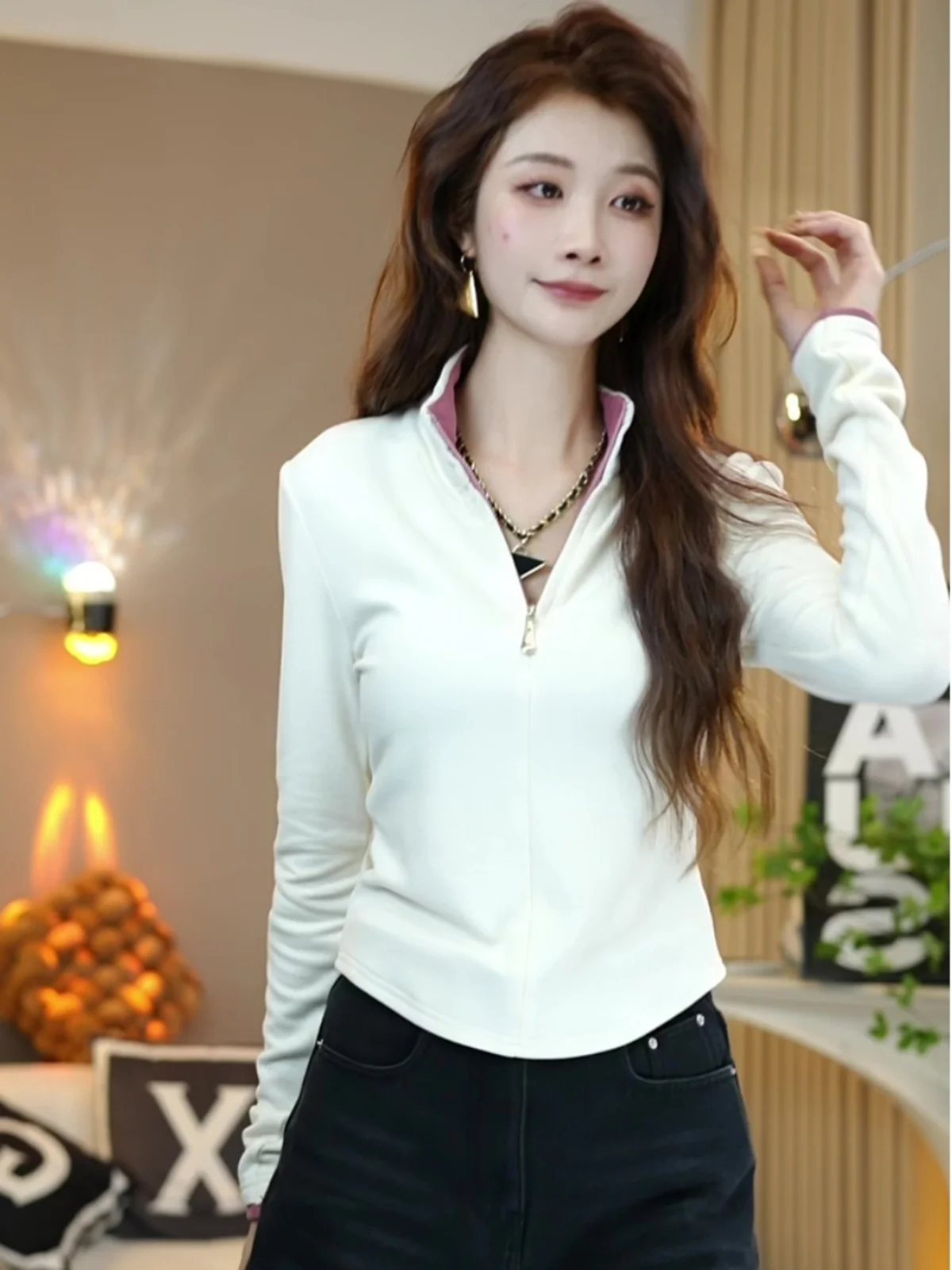 Korean Series Zip-up Half-high Collar Double-sided Plush Contrast Color Knit Women Autumn and Winter New Long sleeve Warm Ela...