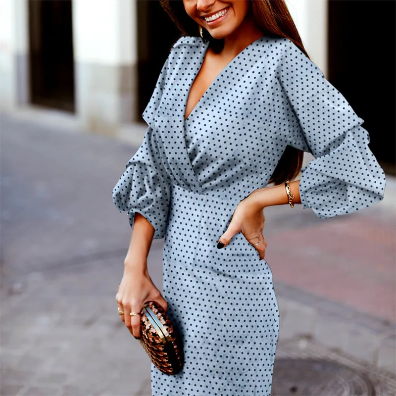 

Women Sexy V Neck Puff Sleeve Sheath Dress Fashion Slim Dot Print Midi Dresses Casual Ladies Elegant Charm High Waist Streetwear
