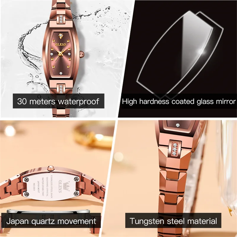 OLEVS Rose Gold Women Watches Luxury Dress Quartz Ladies Wrist Watch Small Tungsten Steel Watches Bracelets For Female Gift