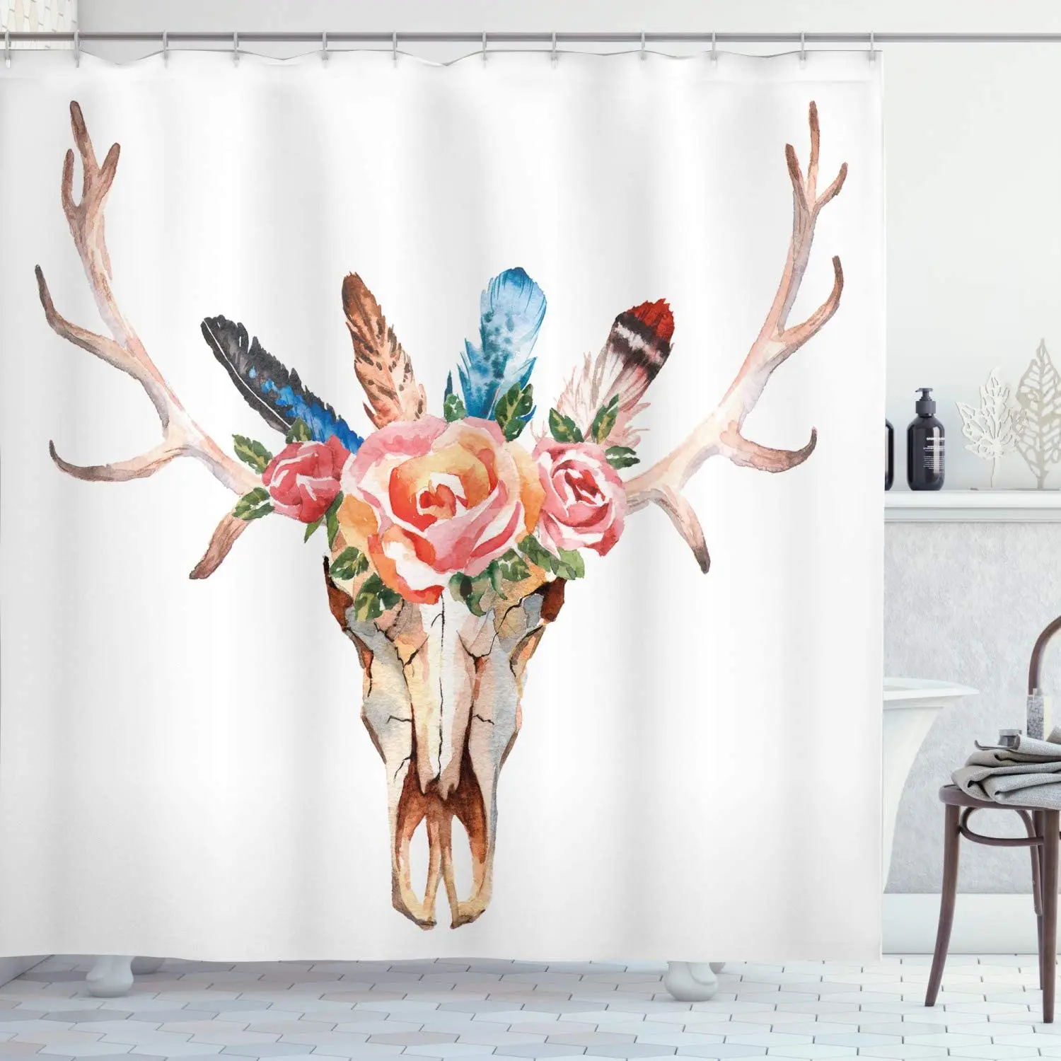 

Antlers Shower Curtain Boho Deer Head Skull Decor Roses and Feathers Hand Painted Fabric Bathroom Decor with Hooks