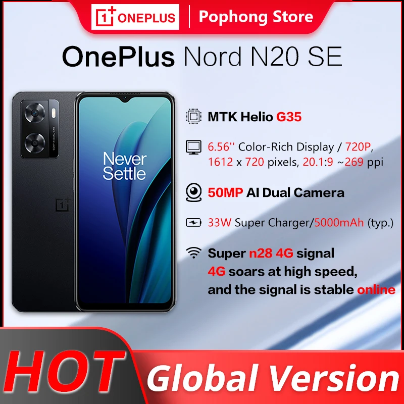 

Global Version OnePlus Nord N20 SE 4G MobilePhone MTK Helio G35 Octa Core 4GB 33W SUPERVOOC 5000mAh Big Battery 50MP Dual Camera