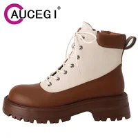 Aucegi New Brand Women Platforms Fashion Square Toe Combat Ankle Boots Genuine Leather Lace-Up Black Brown Chunky Heels Shoes