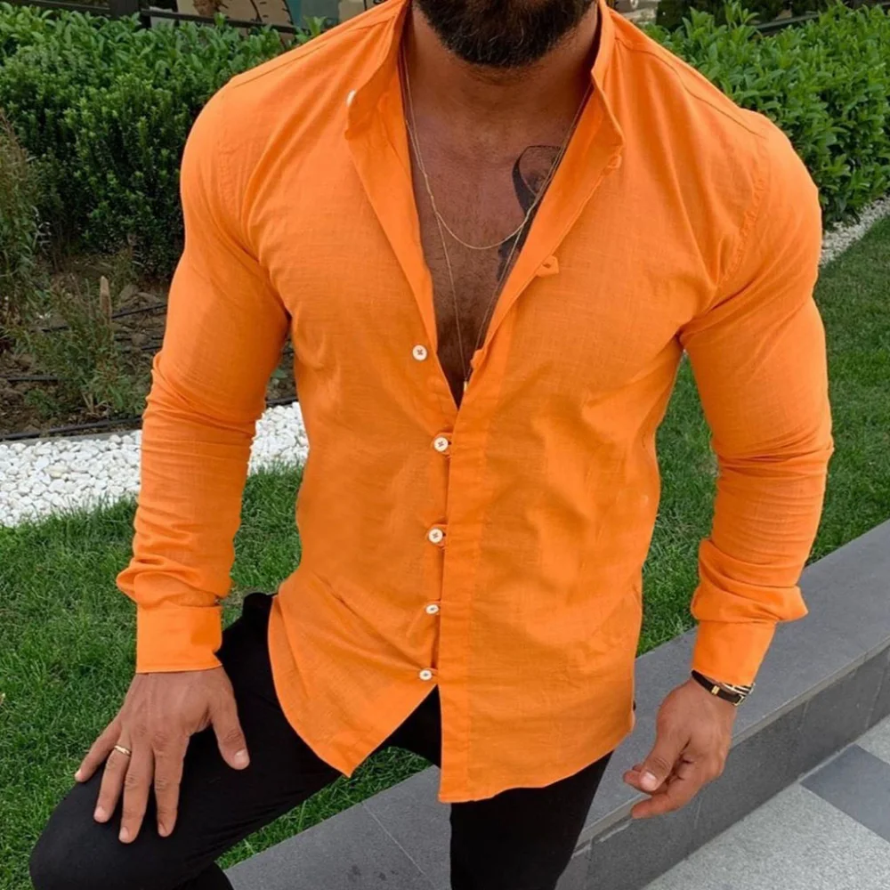 

Men's Collar New Sleeve Button Stand Shirt Long Buckle Casual Cotton Linen Top