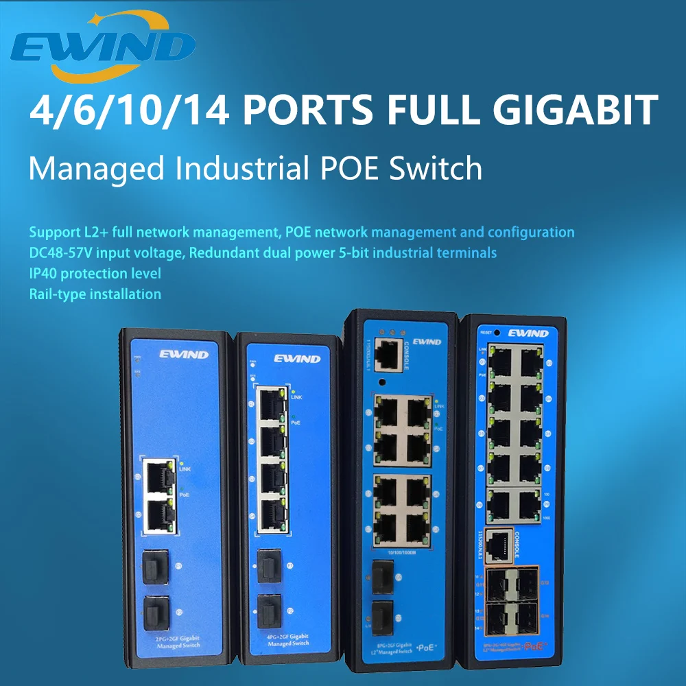 EWIND Industrial POE Switch 4/6/10/14 Ports Full Gigabit Managed Network Switch Ethernet with 2/4 SFP Fiber Solt IP40 PoE Switch