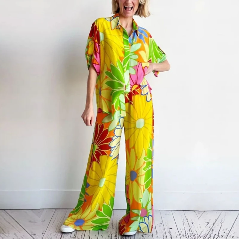 

2 Two Piece Set Flower Print Short Sleeve Blouse Tops And Pant Suits Summer Autumn Women Set Sheath Matching Fashion Outfit