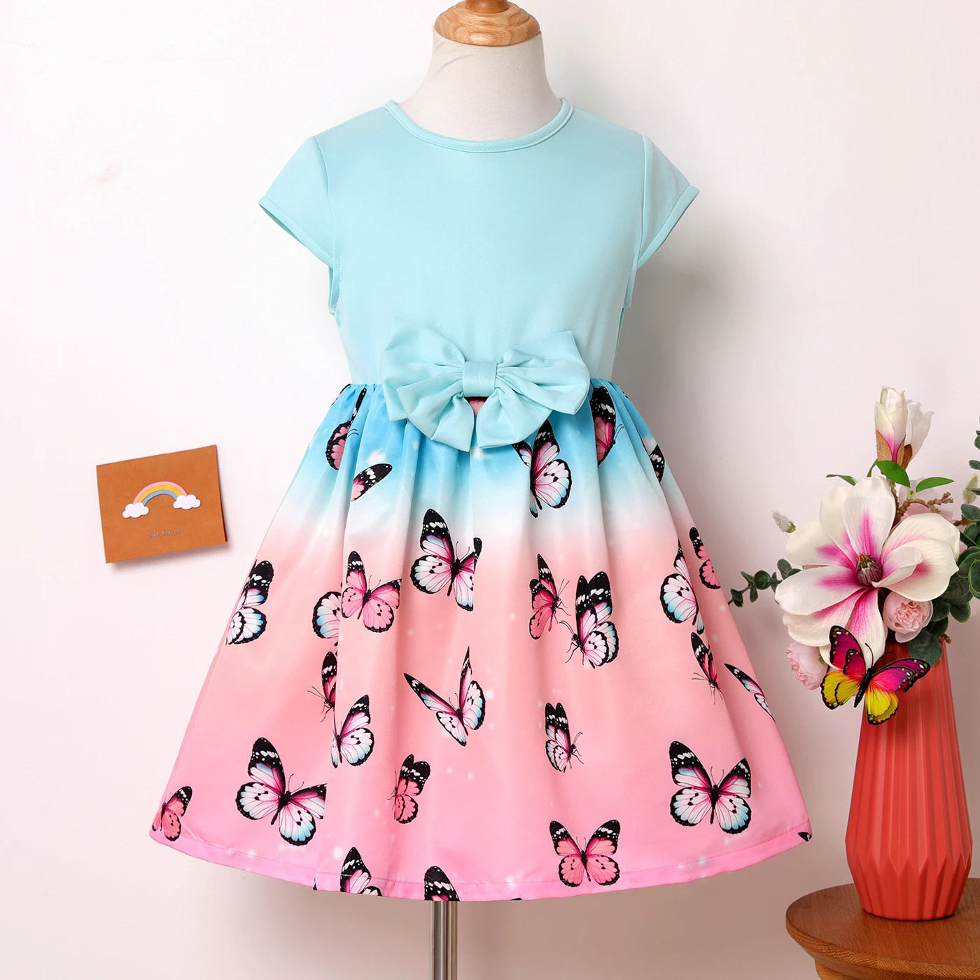 

PatPat Kid Girl Butterfly Print Bow Front Short-sleeve Dress