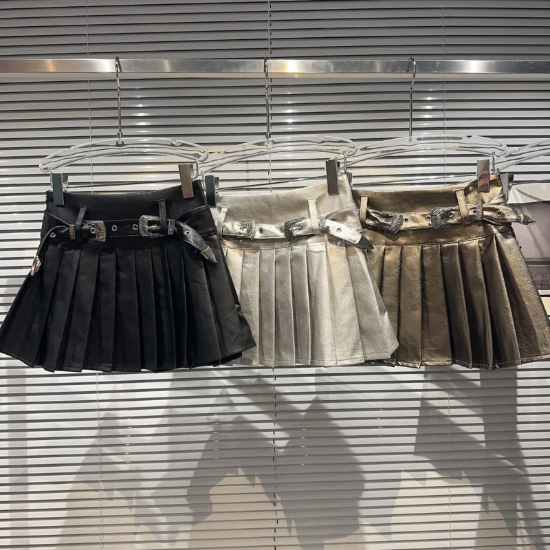 

BORVEMAYS Pleated A-line Skirts PU Leather High Waist Solid Color Metal Button Belt Autumn New 2023 Trend Fashion WZ3864