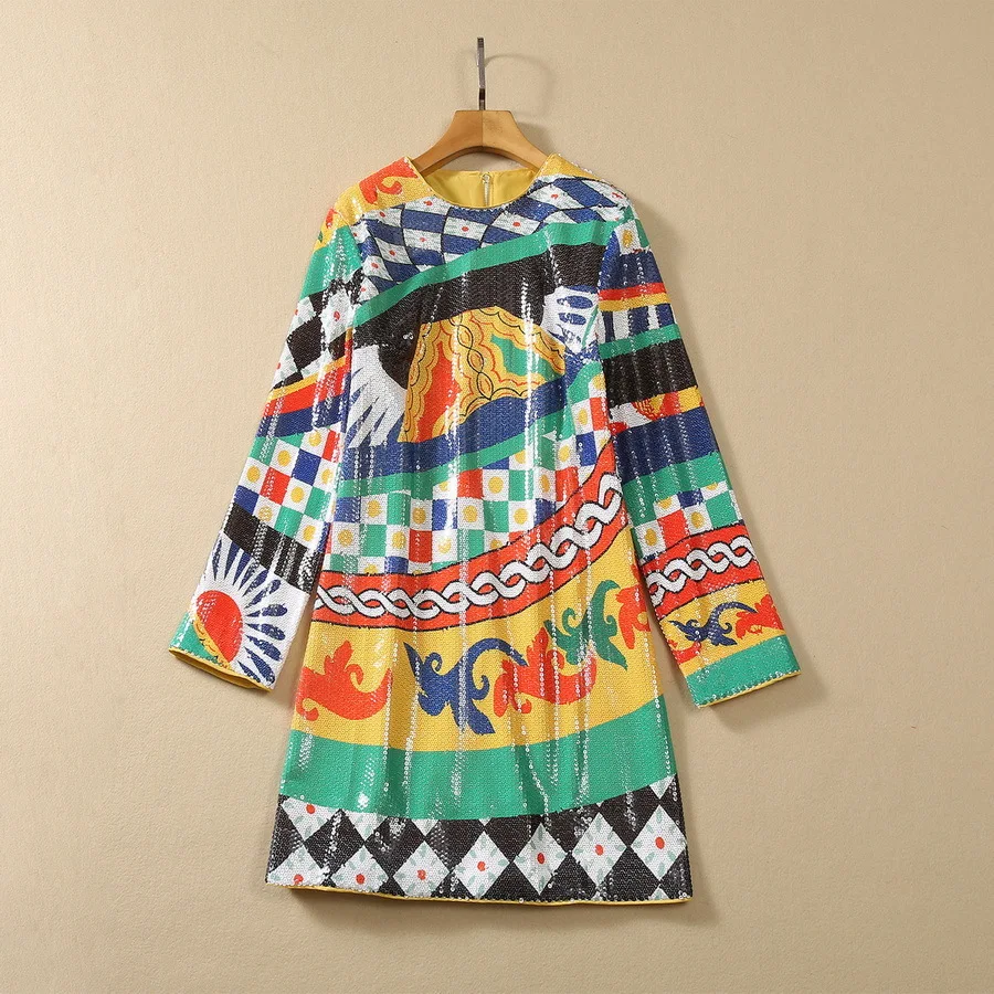 

Женская одежда в европейском и американском стиле, Новинка осени 2023, модное платье с длинным рукавом и тяжелыми блестками и геометрическим принтом