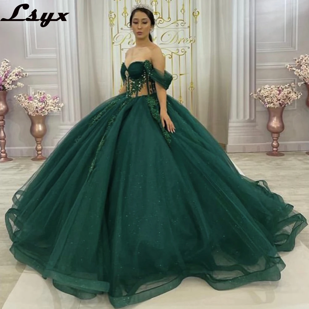 

LSYX Green Beading Off The Shoulder Quinceanera Dresses 2022 Sparkly Tull Princess Ball Gown Party Princess Dress