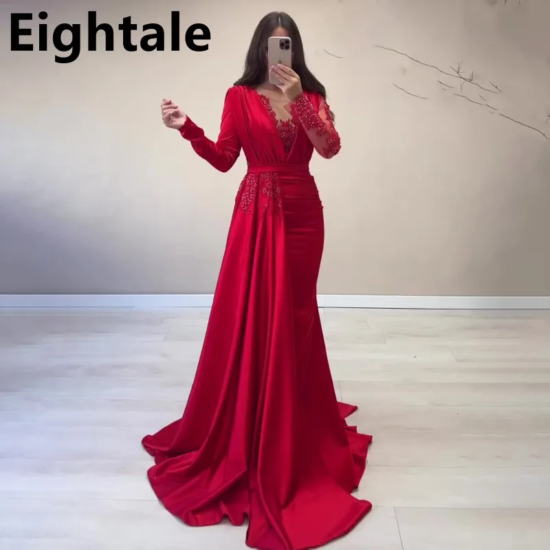 

Arabic Red Formal Evening Dresses Long Sleeves Mermaid Evening Gowns Beading Elegant Prom Dresses Turkish Couture Robe De Soiree