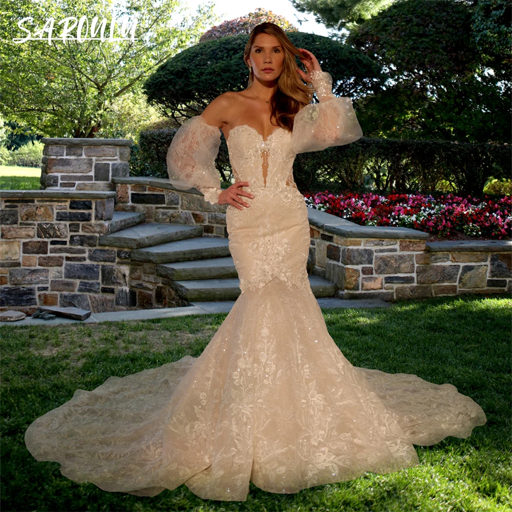 

Removable Sleeve Sparkle Wedding Dress Mermaid Sheer Bodice Beaded Glitter Bride Dresses Low Backless Bridal Gown Robe De Mariée