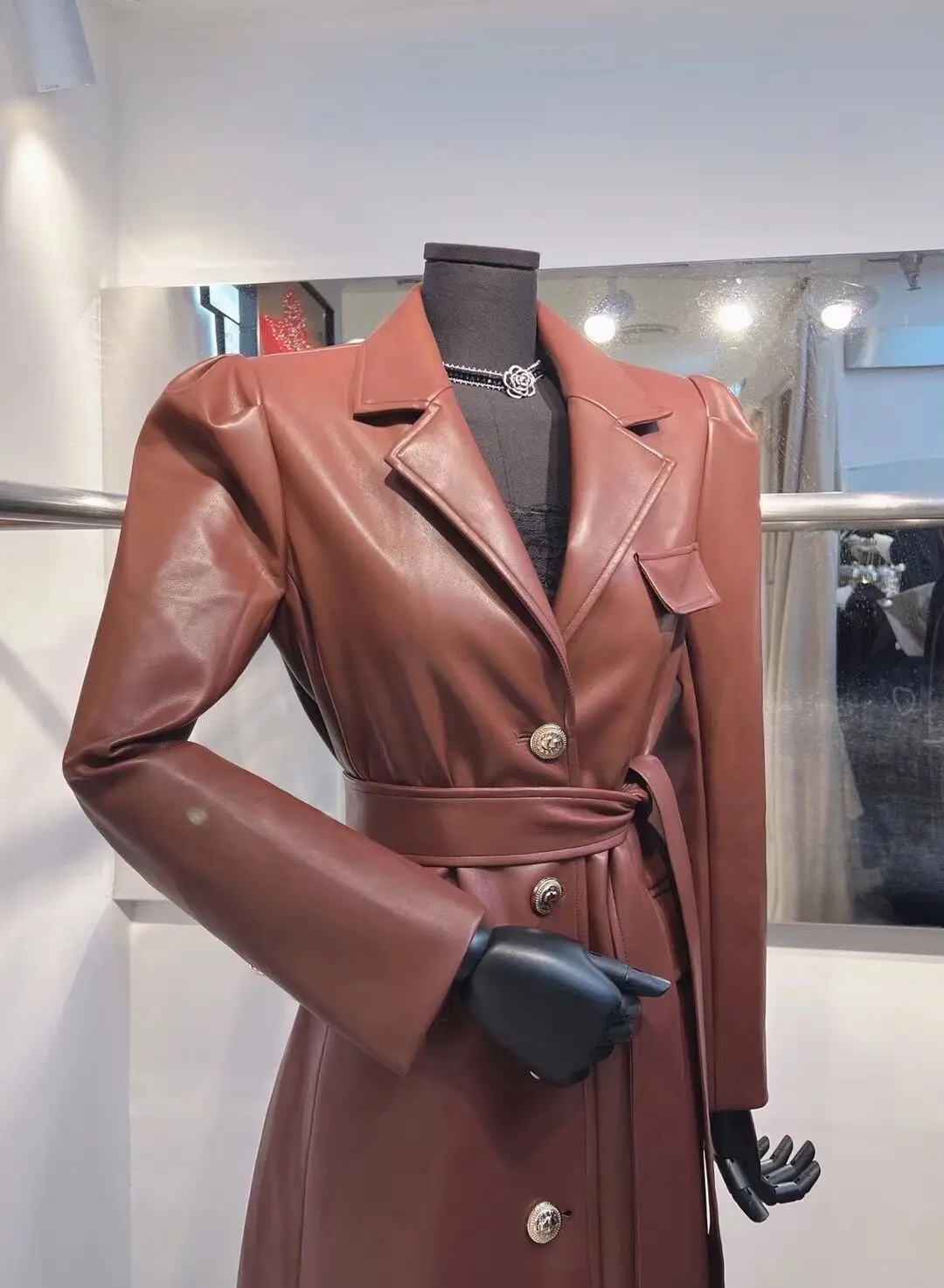Kohuijoo Trench Coat for Women Leather 2022 Autumn Winter Fashion Formal Slim PU Leather Coat Ladies Windbreaker With Belt enlarge
