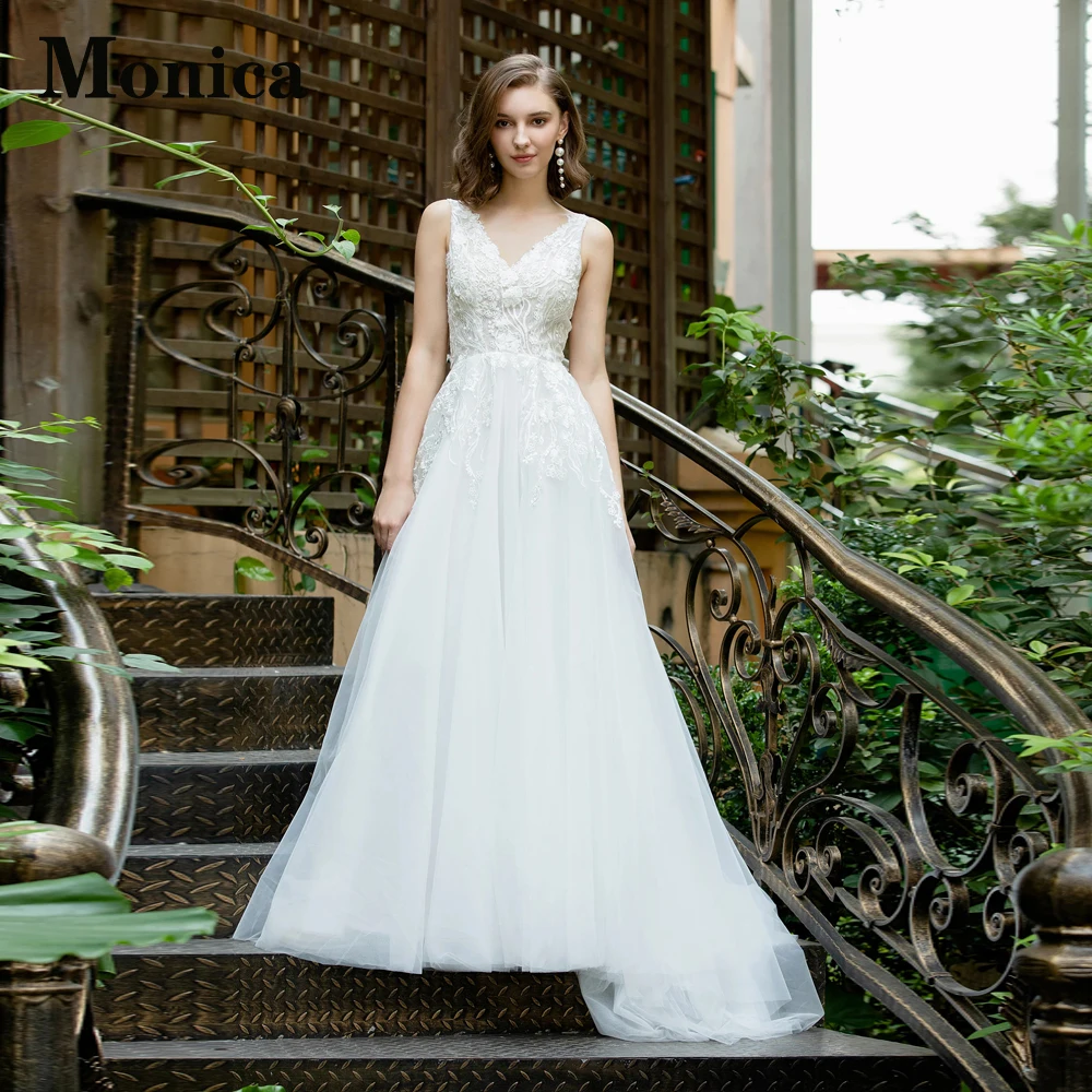 

MONICA V-Neck Simple Wedding Gown For Bride Backless Appliques Tank Sleeveless Court Train A-LINE Tulle Vestidos De Novia