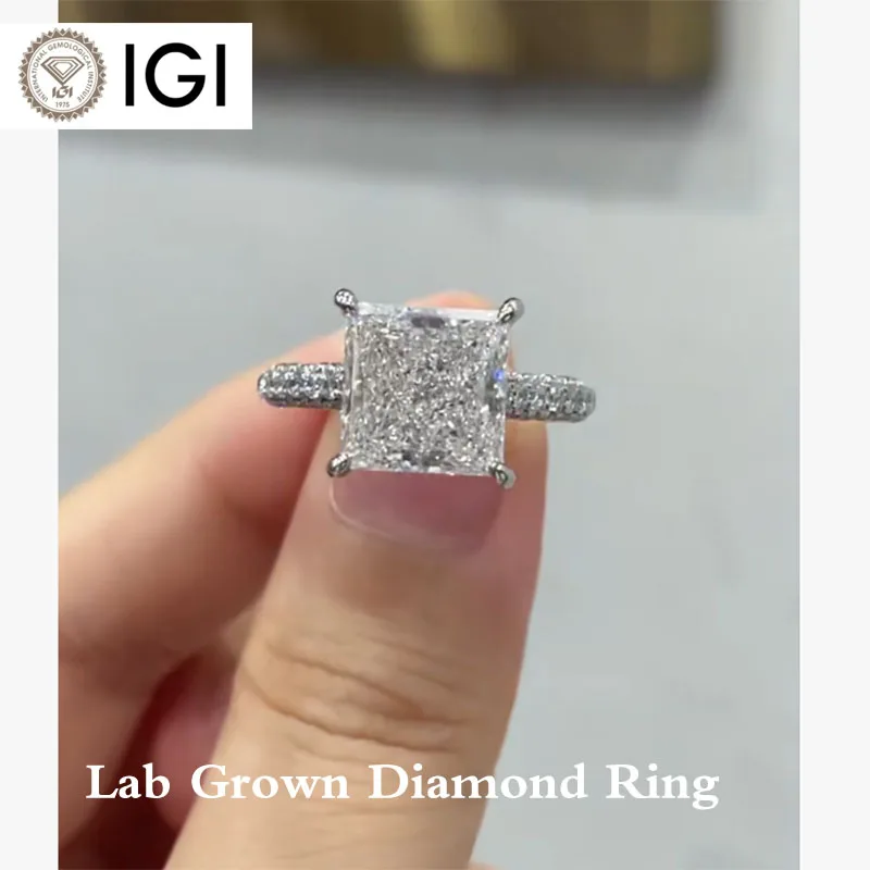 Фото 5CT Princess Cut DEF VS VVS и 1.374Ctw Круглая огранка CVD HPHT IGI Certifie Lab Grown Diamond Кольцо из 14-каратного золота Подарок на помолвку №1
